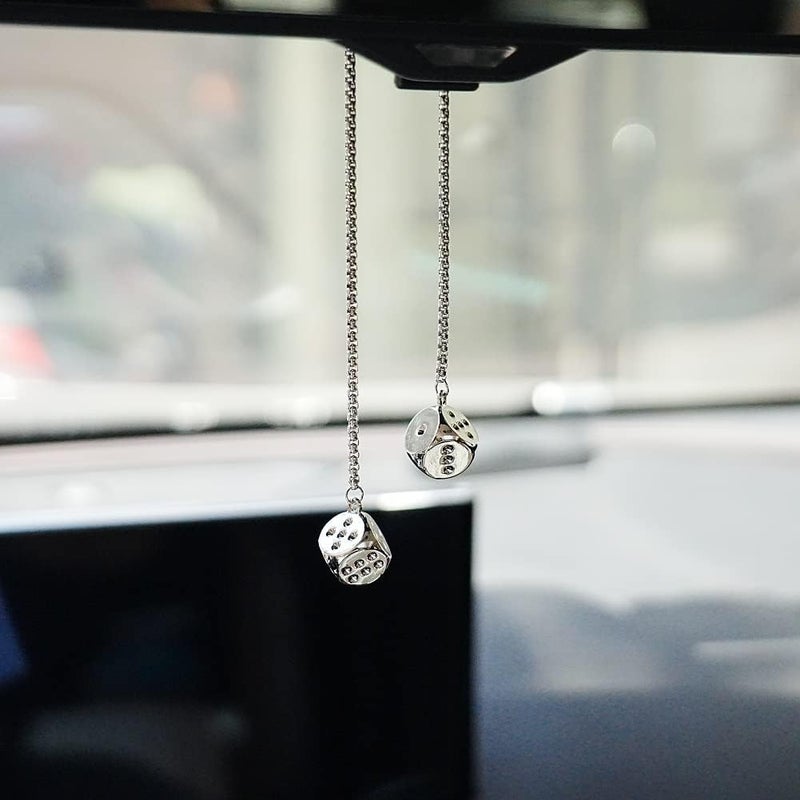 AMIORO Creative Hanging Dice with Dots Car Metal Pendant Rear View Mirrors Charms Ornament (Silver) - Image 2